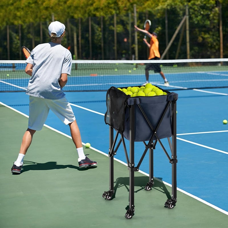 GYMAX Tennis Ball Hopper, Folding 150 Tennis Ball Holder Cart with Carry Bag, Easy Assembly Frame, Removable Bag & 4 Universal Wheels, Portable Durable Tennis Ball Basket for Ball Pickup - Image 5
